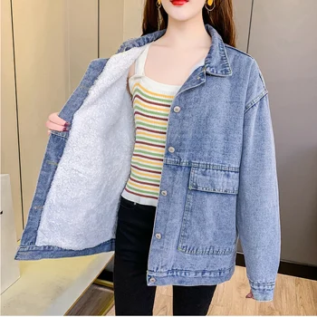 FNOCE 2020 nove ženske jeans jakne, modni priložnostne mladi dolg rokav svoboden slim plus žamet zgosti toplo denim jakne plašči