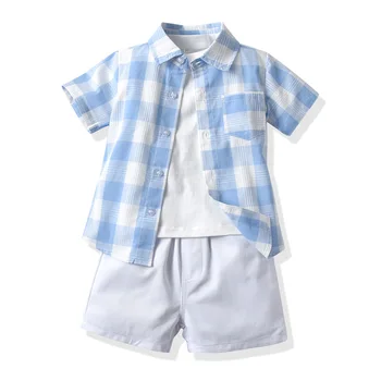 Kids Clothes Boy Costume Summer Infant Toddler Children Suits Cotton White T-shirt + Plaid Shirt + Shorts 3 PCS Outfits White