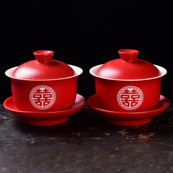 Kitajski Poroko Čaja, Keramični Lonec Pokal Pladenj Nastavite Kitajska rdeča dvojna sreča Porcelana Čaj nabora Storitev za Odrasle Teaware