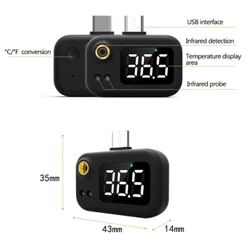 LED Zaslon, USB Inteligentni Termometer Prenosni Mini Mobilni Telefon Termometer Ir Termometer s Tip-C, Skupno