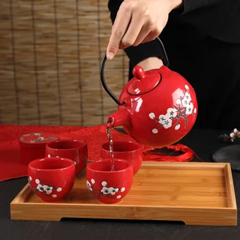Lepe Keramične Plum Blossom Čaj, Set Filter Čajnik Ročno Grelnik Vode Teacups Kitajski Stil Poroka Rdeče Teaware Luksuznih Daril