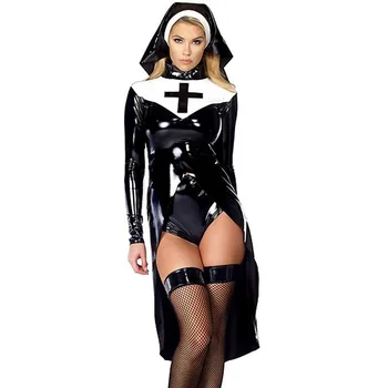 Nune Vlogo Igra Halloween Kostumi Cosplay Moda Saintlike Seductress Pustna Vinil Usnje Črna Ženske Seksi Nune Kostum