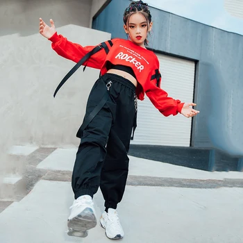 Otroci Hip Hop Oblačila Rdeče Vrhovi Črne Hlače Priložnostne Kombinezon, Street Dance Obrabe Jazz Uspešnosti Oblačila Hip Hop Otroci Obrabe