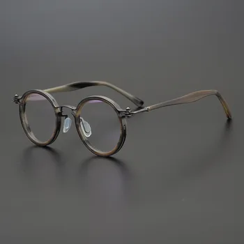 Ročno Retro Krog Titana Acetat Kratkovidnost Očal Okvir za Moške, Ženske Optični Recept Očala Letnik Krog Očala