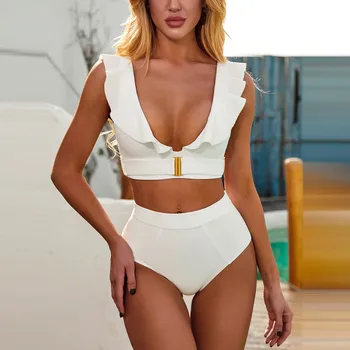 Ruffle Bela dvodelne Ženske Kopalke 2020, Plavanje, Plaža Ženske Kopalne Obleke Seksi Zlate sponke Visoke Pasu Potisnite Navzgor Bikini Komplet