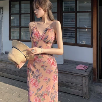 Seksi Proti-vrat Šifon Trak Obleka Ženske korejski Slim Cvetlični Letnik Midi Obleko 2021 Poletje Priložnostne Beach Party enodelno Obleko Y2k