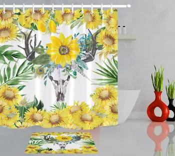 Sončnično Tuš Zavesa Akvarel Jelena Lobanje Cvetje Nepremočljiva Tkanine, Kopalnica Zavese za Kad Doma Dekor Preproga