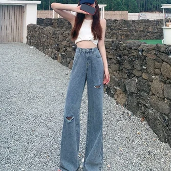 Ženske Širok Noge Jeans Vrečko Oblikovalec Luknjo v korejskem Slogu Modi Zbiranjem Fant Vse-tekmo Visoko Pasu Trdno Hip-hop Street