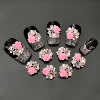 10Pcs Manikura Pink Rose Cvet Umetno Pearl Dekor Bleščice Nosorogovo DIY Nail Art Nalepke za Dekoracijo