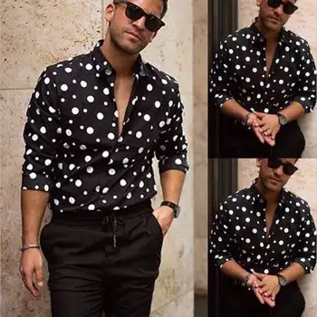 2020 Nova Moda za Moške Polka Dot Majica Gumb Navzdol Slim Fit Dolg Rokav Boho Počitnice Priložnostne Majice Bouse Vrhovi Plus Velikost