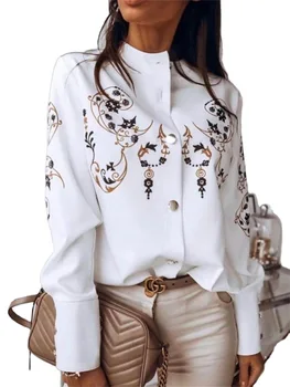 2021 nove ženske 's majica fashion tiskanje stand up ovratnik - enotni - zapenjanje teksturo gumb belo dolgo sleeved majica ženske