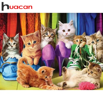 Huacan Diamond Slikarstvo Žival Mačka 5D Dekoracijo Sten Diamond Vezenje Čevlji Mozaični Okras Za Dom