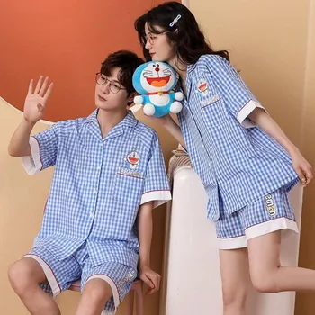 Japonske Anime Pijama Set Za Ženske Par Pižamo Kawaii Doraemon Pyjama Harajuku Kariran Roomwear Kratek Rokav Poletje Homewear Obleko