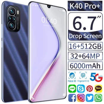 K40 Pro+ Za 6,7 Palčni Pametni Globalni Različici Galaxy 16+512G Android 6000Mah li-ion Akumulator Velik mobilni telefon 32MP+64MP Fotoaparat