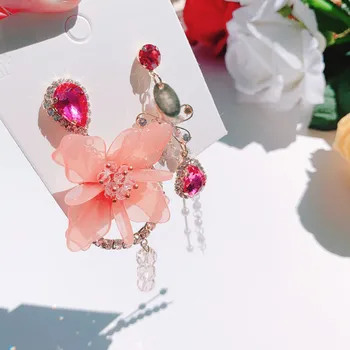 Korejski Luksuzni Asimetrične Cvet Kristalno Spusti Uhani Za Ženske, Dekleta Elegantno Pearl Tassel Stranka Nakit