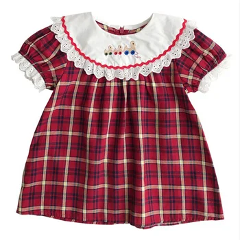 Malčka Dekleta Vezenje Obleko Baby Dekle Rdeče Kariran Boutique Oblačila Za Malčke Rojstni Dan, Božič Obleke Chidlren Bombaž Frocks