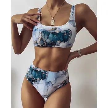 Marmor Print Bikini Komplet 2021 Ženske Kopalke, Ločeno Visoko Pasu Bikini Push Up Kopalke Ženske Plaža Obrabe Tie Dye Kopalke