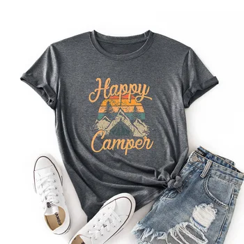 Ustvarjalne Happy Camper Pismo Tiskanja Bombaž Tshirt Plus Velikost Ženske T-shirt Smešno Grafični Tees Majica Poletje Vrhovi Ulične Oblačila