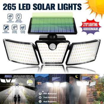 Zunanji 265 LED Solar Wall Svetlobni Senzor Gibanja Luči 3 Nastavljive Glave 270° Široko Osvetlitev Kota Vodotesen IP65 Poplav Svetlobe