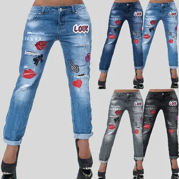 2021 Nova Ženska Vezene Nizke Jeans Pas Moda Hlače Jean Z Vzorec Tiskanja Denim Super Nizka Rast Hlače Ženske
