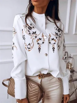 2021 nove ženske 's majica fashion tiskanje stand up ovratnik - enotni - zapenjanje teksturo gumb belo dolgo sleeved majica ženske