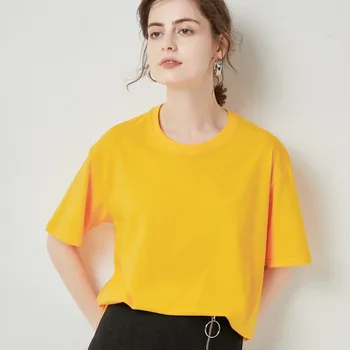 2021 novo poletje bombaž čiste barve T-shirt kratkimi rokavi ženske svoboden velikosti spusti ramena krog vratu pol-sleeved vrh