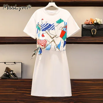 4XL Plus Velikost Ženske Bele Tshirt Obleko Poletje 2021 Kratek Rokav Bombaž Mozaik Šifon Tiskanja Ponaredek Dva Kosa Ženske Obleke