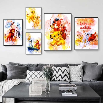 Akvarel Disney Risanke Levji Kralj Platno Slikarstvo Plakatov in Fotografij Slike na Steni Umetnosti za Otroke Sobi Doma Dekor Cuadros