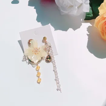 Korejski Luksuzni Asimetrične Cvet Kristalno Spusti Uhani Za Ženske, Dekleta Elegantno Pearl Tassel Stranka Nakit