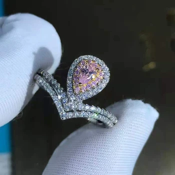 Wong Dež 925 Sterling Srebro Pear Rez D Ustvarili Moissanite Pink Sapphire Angažiranja Ustvarjalnih Meri Obroči Fine Nakit Darilo