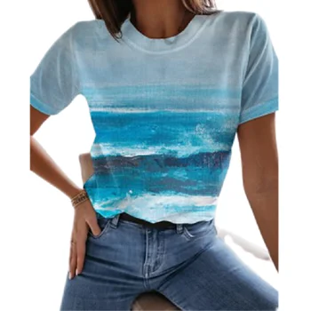 2021 novo poletje zgornji del ženske 3D tiskanje ocean krajine T-shirt ulica priložnostne kratek dolgo sleeved O-vrh vratu T-shirt oblačila