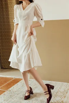 2021 Poletje Sodobne Elegantno Belo Obleko Letnik Dama Proti-Vrat Pol Rokav Trobenta Midi Obleke Vestido Blanco Haljo Blanche