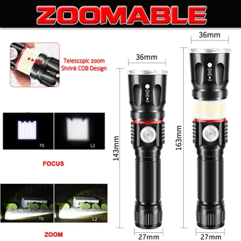 78000LM Večnamensko LED Svetilka L2 T6 USB Polnilne baterije Močan COB Zoom baklo linterna rep magnet Delo Svetlobe,