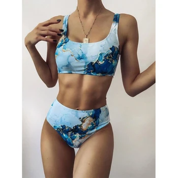 Marmor Print Bikini Komplet 2021 Ženske Kopalke, Ločeno Visoko Pasu Bikini Push Up Kopalke Ženske Plaža Obrabe Tie Dye Kopalke