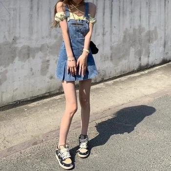 Modra Kawaii Denim Ženske Obleke Poletje 2021 Harajuku Priložnostne Suspender Naguban Mini Obleka Ulične Elegantna Korejski Fashinon Oblačila