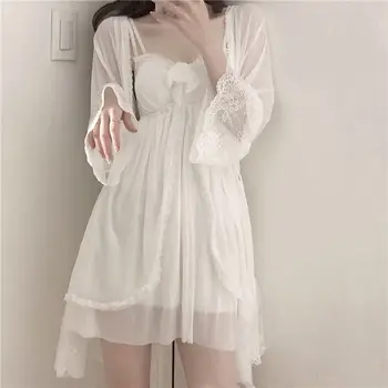 QWEEK korejski Sleepwear Ženske, Dekleta Seksi Haljo Obleke, 2 Delni Set Poletje 2021 Princesa More Čipke Nightgown Nighty za Ženske