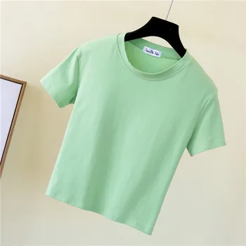 S12 Zeleni Obreži Zgoraj T-Shirt Ženski Trdna Bombaž O-Vratu Kratek Rokav za Ženske Visoko Pasu Slim Kratek Šport T-Shirt