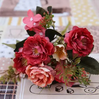 Evropski Letnik Umetne Svile Tea Rose Cvetje 6 glavo 4 Majhne bud Šopek Poročni Doma Retro Ponaredek Cvet Stranka DIY Dekoracijo
