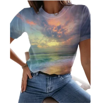 2021 novo poletje zgornji del ženske 3D tiskanje ocean krajine T-shirt ulica priložnostne kratek dolgo sleeved O-vrh vratu T-shirt oblačila