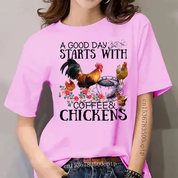 & Piščancev Cvetlični Dober Dan Majica Fashion tshirt se Začne S Kavo ženske Smešno T Različica Ženske t-shirt
