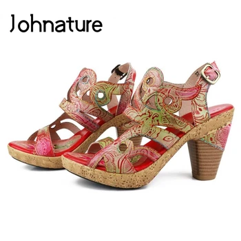 Johnature Ženske Sandale Poletni Čevlji Pravega Usnja Mešane Barve 2021 Nove Etnične Sponke Traku Jedrnato Platformo Dame Sandali