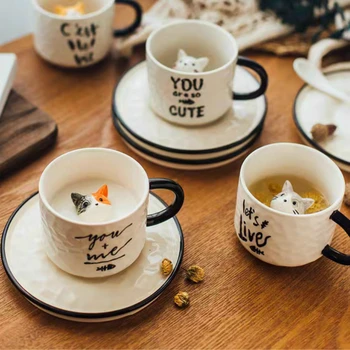 Luštna Mačka kozarec in krožnik za Kavo ustvarjalne Zajtrk pokal Keramični Doma Coffeeware sok risanka mleka Vrč za čaj ljubimec darilo