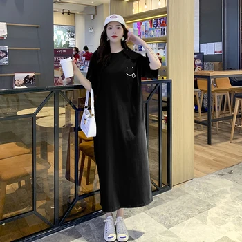 NYFS Poletje Obleko 2021 korejski Novo Ohlapno velikosti kratek rokav Ženska Obleka Vestidos Haljo Elbise Modni Tisk Dolgo Obleko