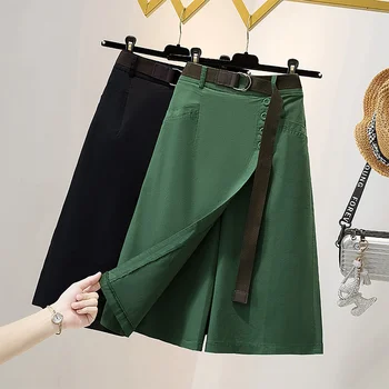 Poleti Zelena Capris Žensk Odrezana Hlače Priložnostne Širok Noge Hlače Modni korejski Dekleta Elastični Pas Svoboden Plus Velikost Culottes