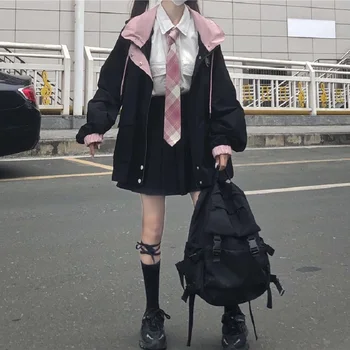 Pozimi Japonskih Žensk Casual Punk Ulične Suknjič Svoboden Žepi Dolgo Sleeved Hooded Velika Velikost Moda Letnik Harajuku Jakna