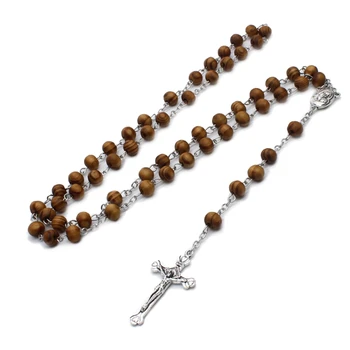 Retro Leseni Venec Kroglice Ogrlica za Ženske Križ Jezusa Obesek Verski Krščanski Nakit Darila