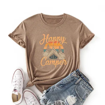 Ustvarjalne Happy Camper Pismo Tiskanja Bombaž Tshirt Plus Velikost Ženske T-shirt Smešno Grafični Tees Majica Poletje Vrhovi Ulične Oblačila