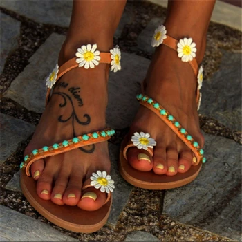 Ženske sandali poletje ravno biser cvet sandali flip flops rimu čevlji noge copate mujer gladiator sandalias sapatos femininos